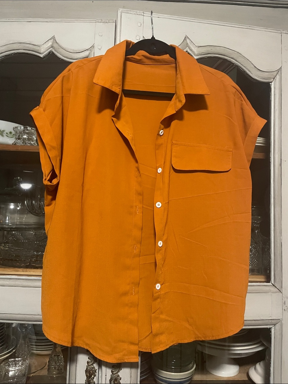 Women's Short-Sleeve Button-Up Blouse in Burnt Orange
